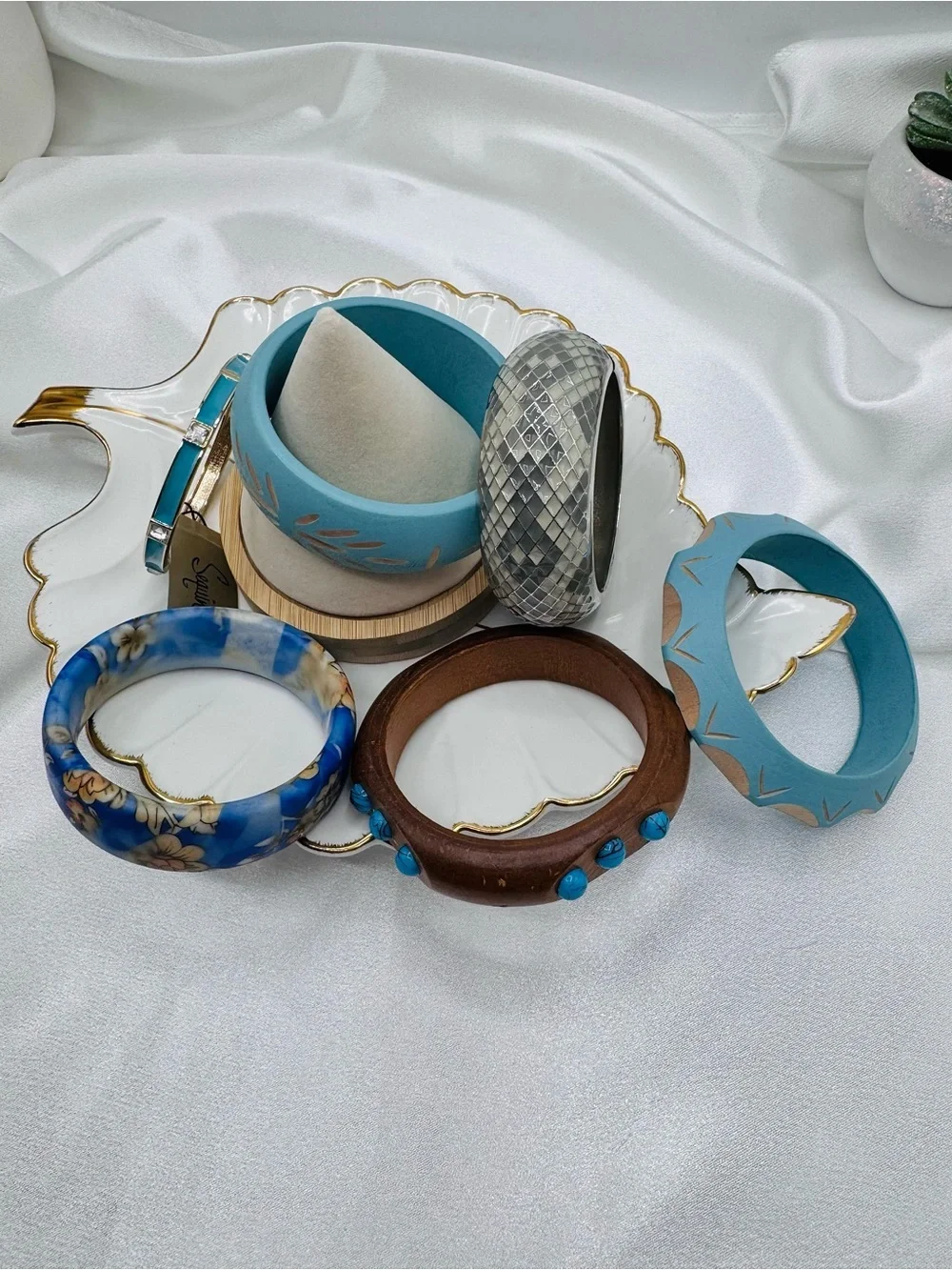 Boho Mixed Bangle Bracelet Lot Blue Wood Silver Floral Statement Bracelets 6 pcs